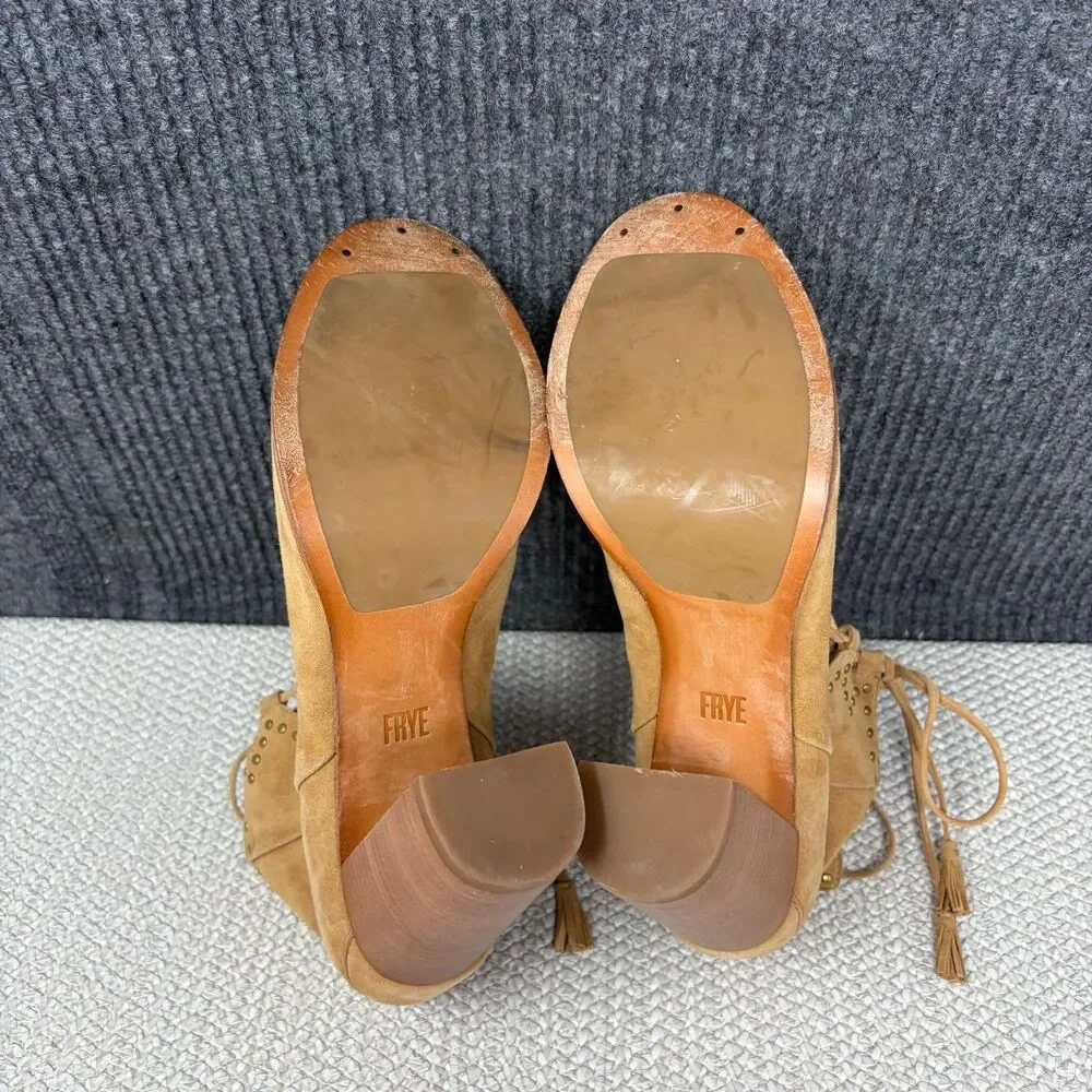 Frye Gabby Ghillie Studded Shooties Brown Suede Heeled Boots Lace Peep Toe 10